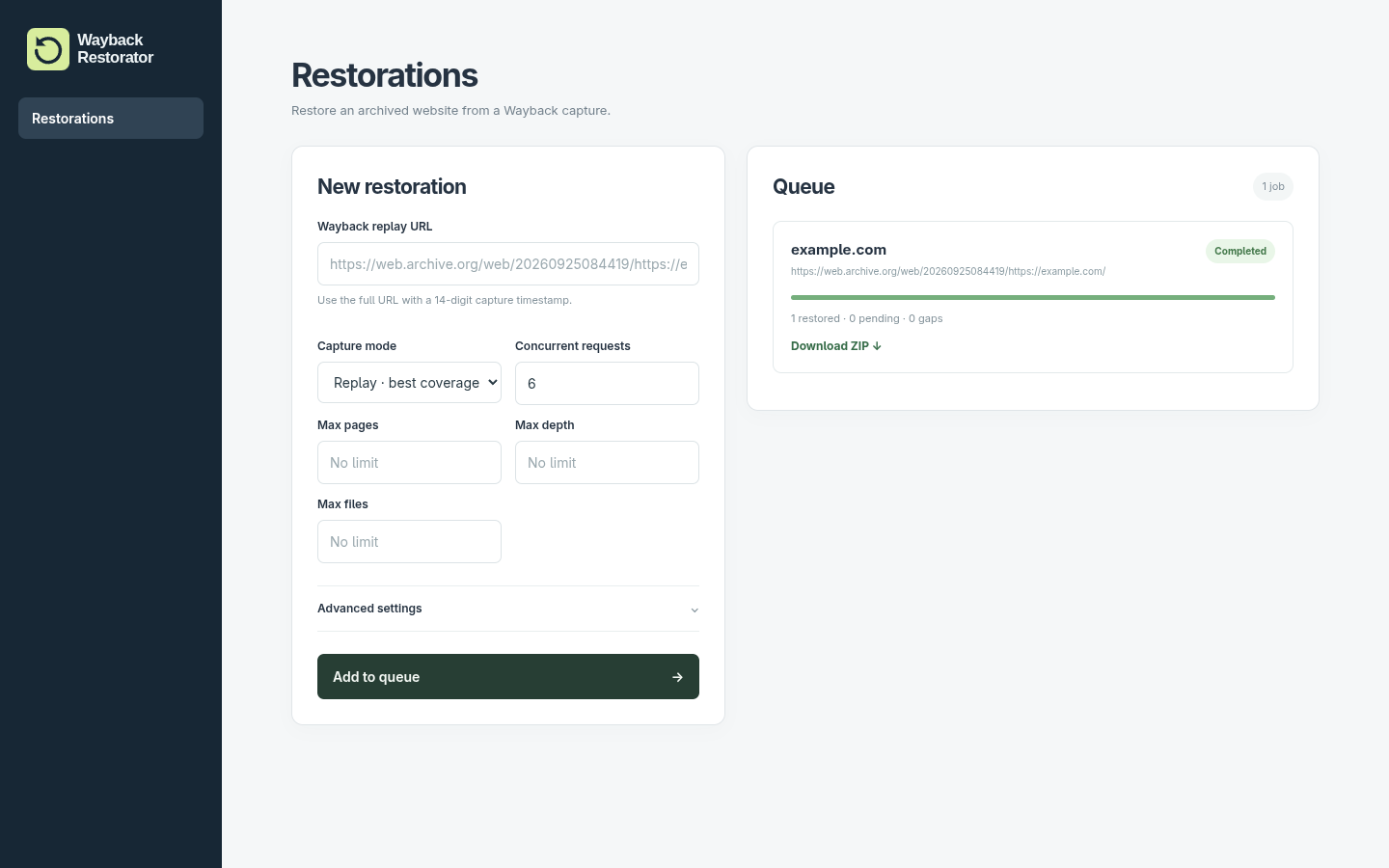 Wayback Restorator dashboard showing a completed example.com restoration